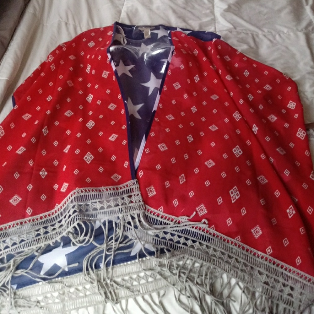 Red white blue star poncho style sheer top